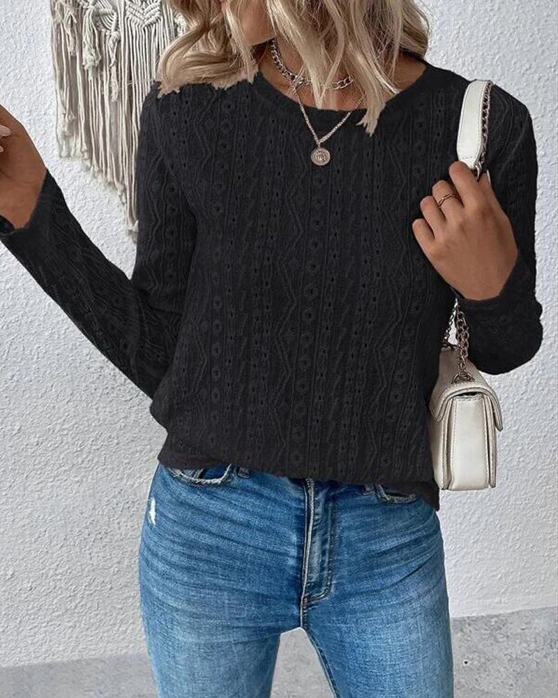 

Round Neck Eyelet Embroidery Top, Black