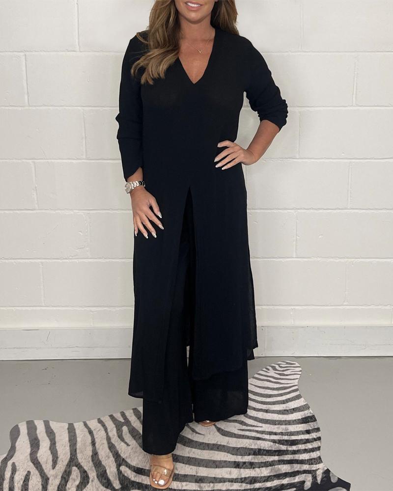 

Long Sleeve V-Neck Slit Top & Pants Set, Black