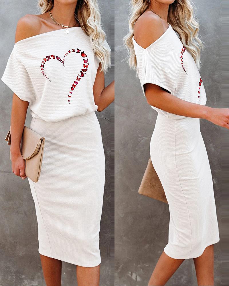 

Butterfly Heart Print Ribbed Casual Dress, Beige