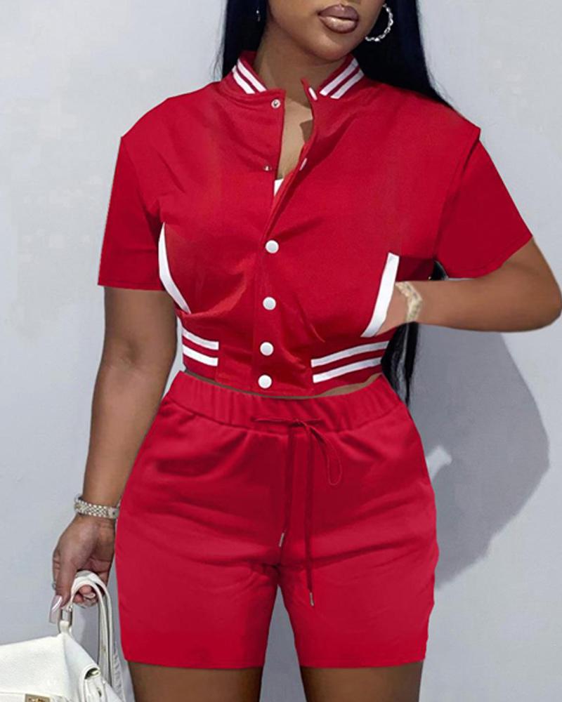 

Contrast Paneled Crop Top & Drawstring Shorts Set, Red