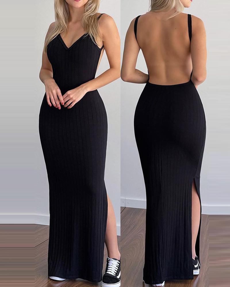 

High Slit Backless V-Neck Maxi Dress, Black