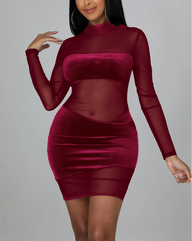 

Velvet Long Sleeve Contrast Mesh Bodycon Dress, Wine red