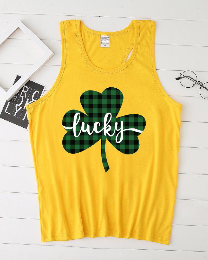 

Letter & Plaid Clover Print T-Back Tank Women Top, Yellow