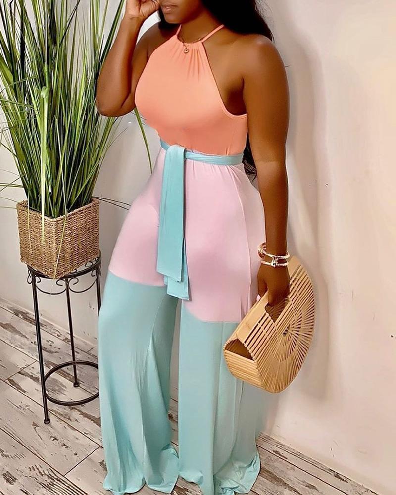 

Halter Backless Colorblock Sleeveless Jumpsuits, Lighted blue