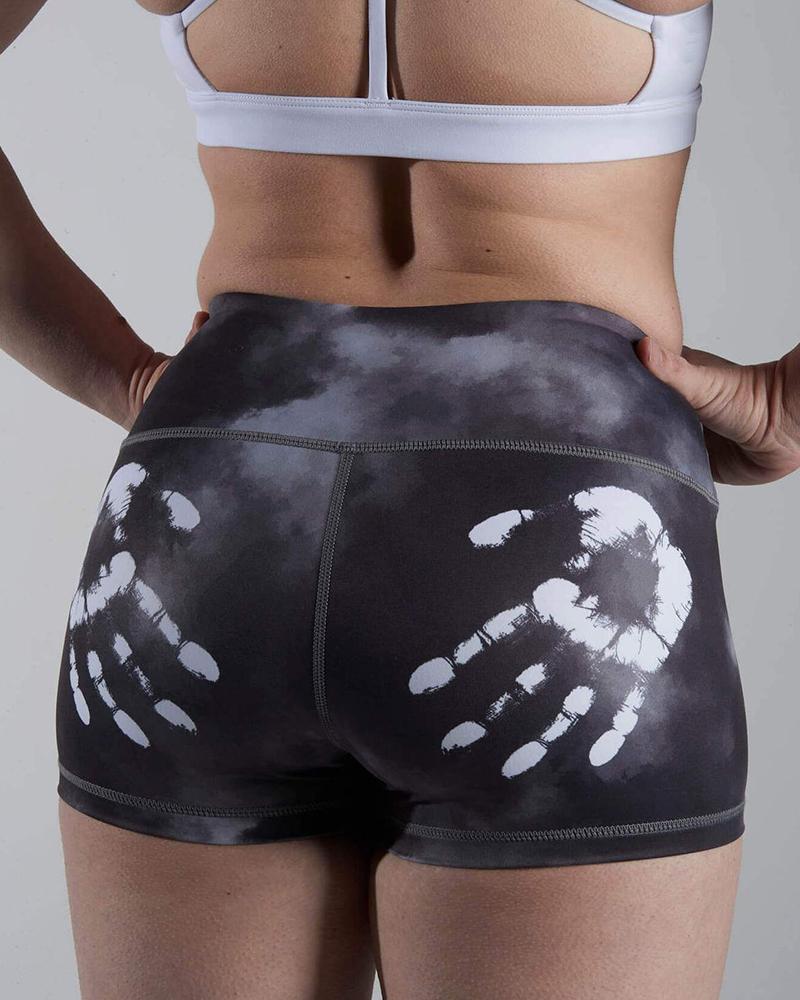 

Tie Dye Hand Print Print Skinny Yoga Shorts, Black