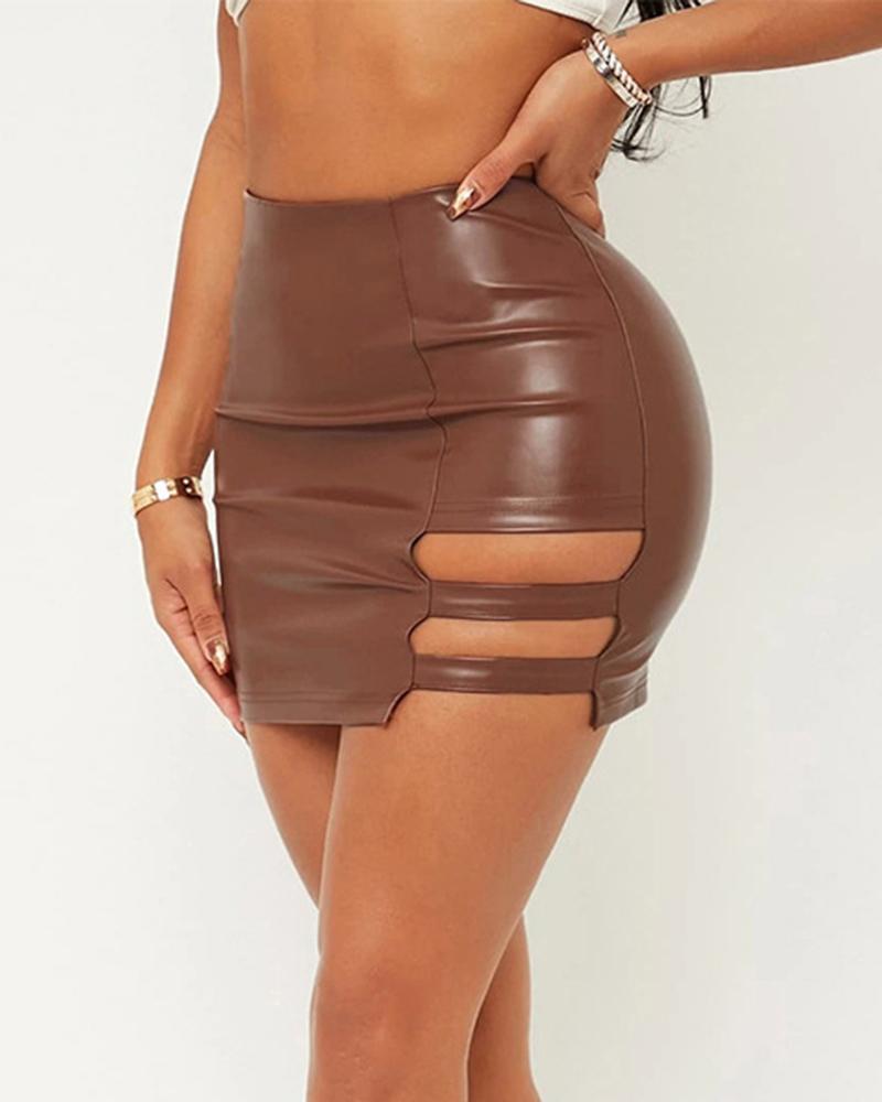 

Ladder Cutout PU Leather Skirt, Coffee