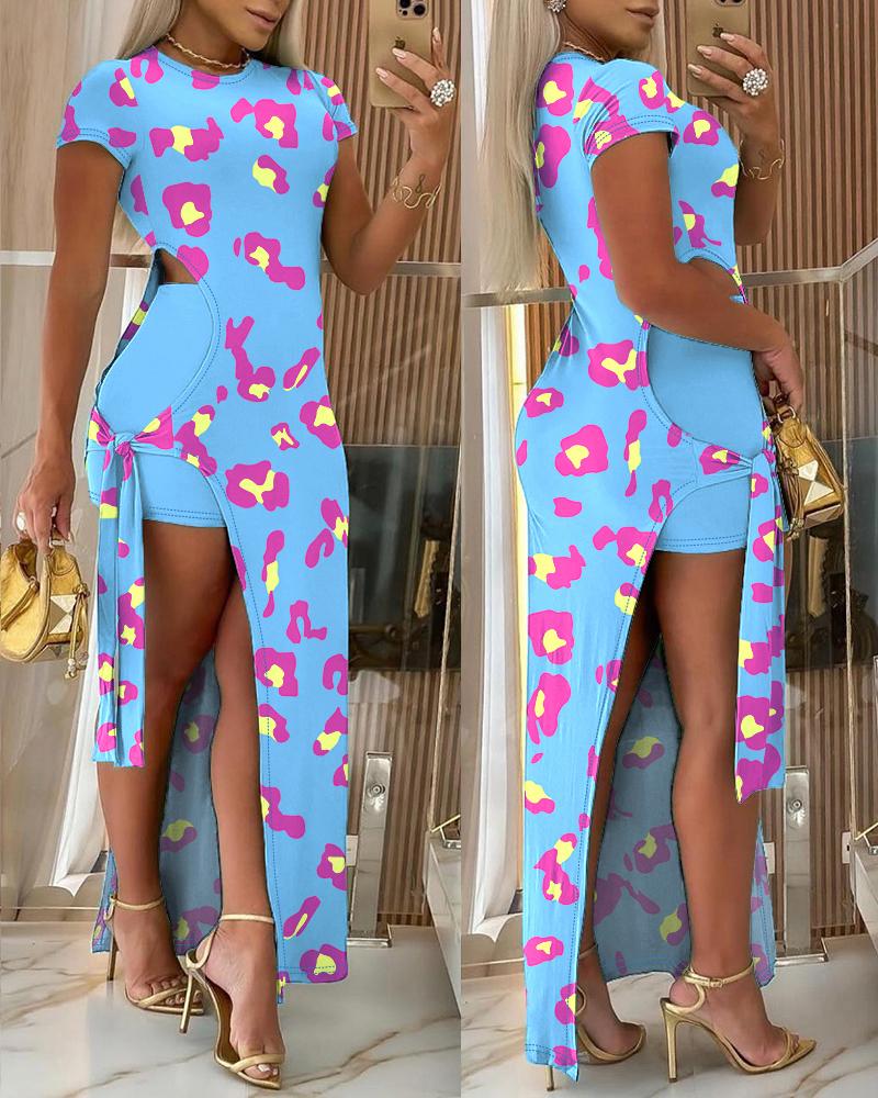 

Conjunto de top e shorts assimétricos com estampa de leopardo rosa, Blue