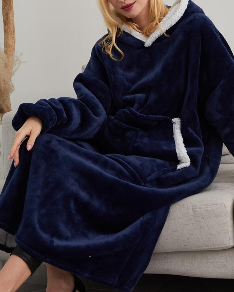 

Warm Fleece Lined Fluffy Oversized Wearable Blanket Hoodie, Purplish blue