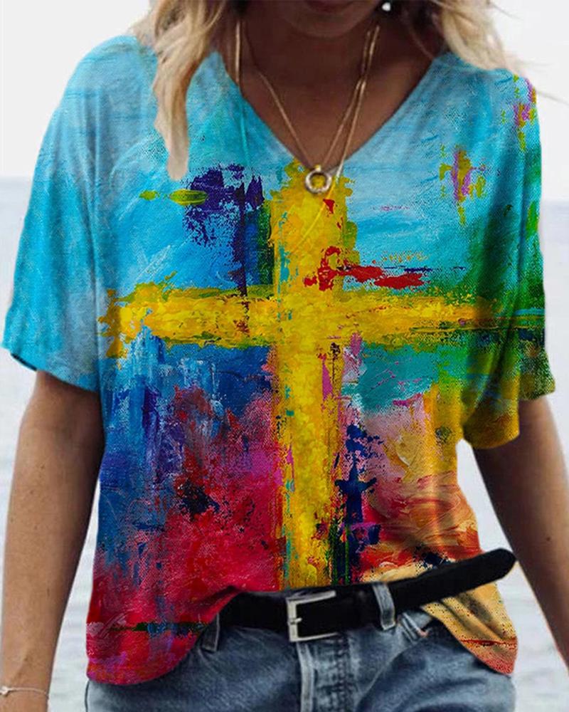 

Cross Pattern Print Colorblock V-Neck T-shirt, Blue