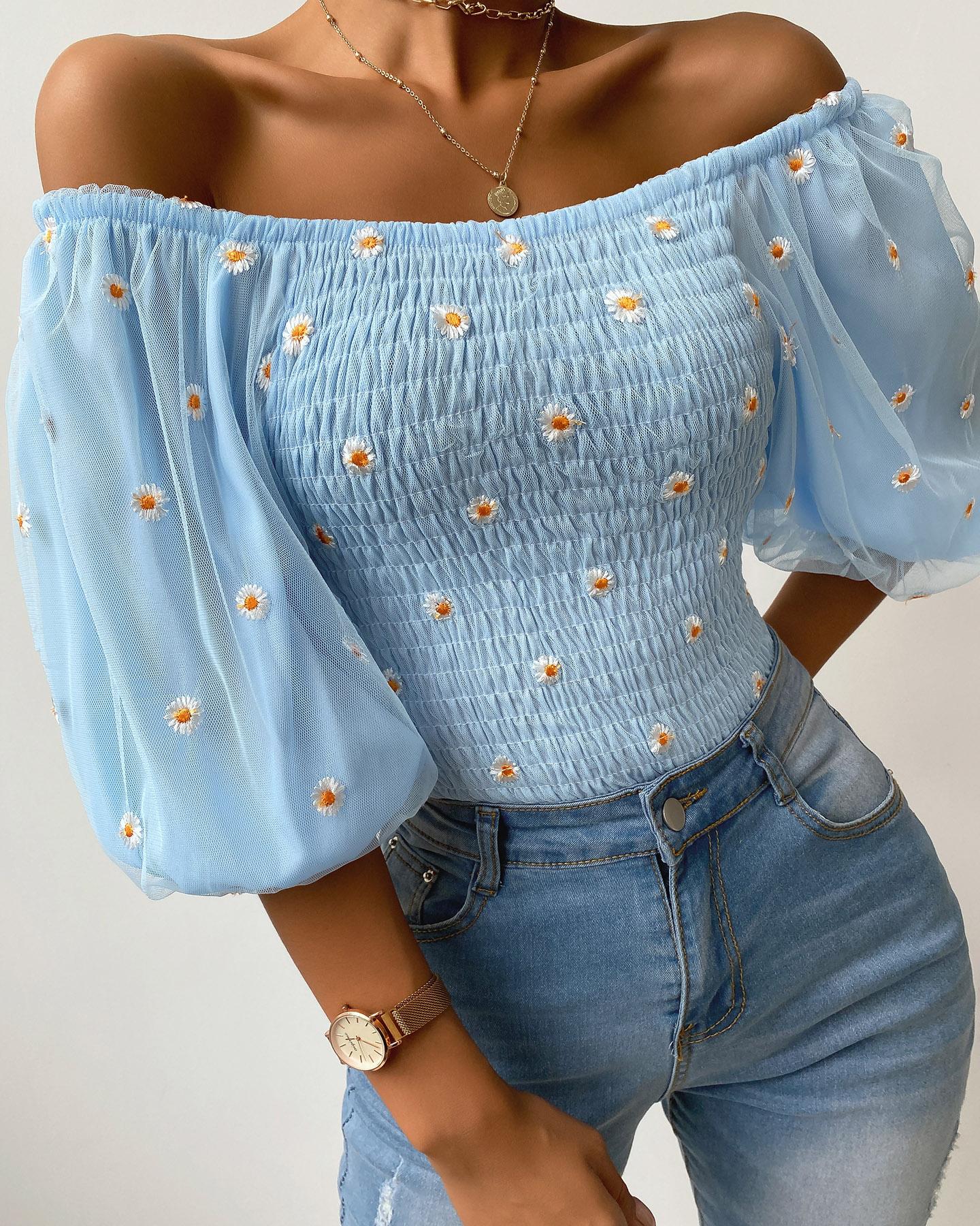 

Daisy Embroidery Lantern Sleeve Shirring Detail Top, Blue