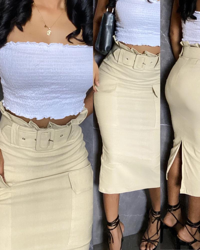 

High Waist Mid-Calf Belted Cargo Skirt Casual Pocket Design Ruffles Hem Skirt, Apricot