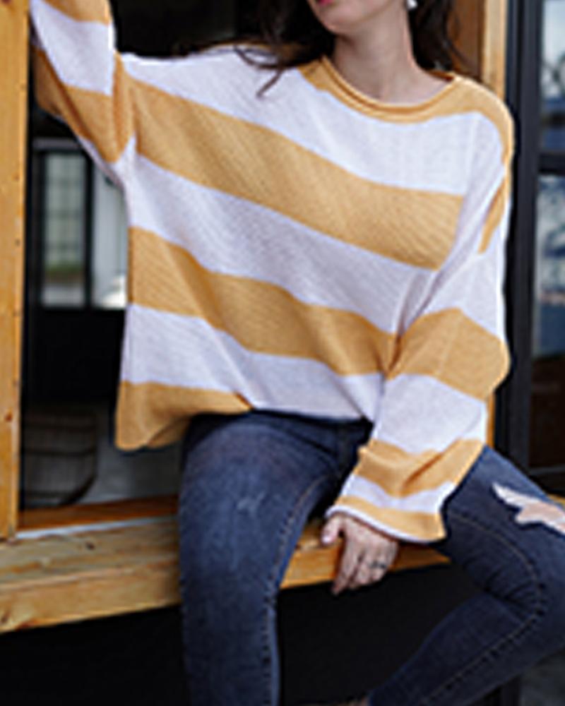 

Round Neck Striped Colorblock Sweater, Yellow