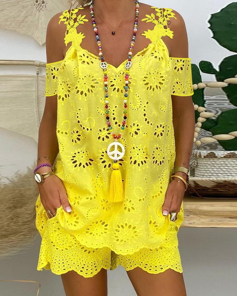 

Eyelet Embroidery Cold Shoulder Top & Shorts Set, Yellow