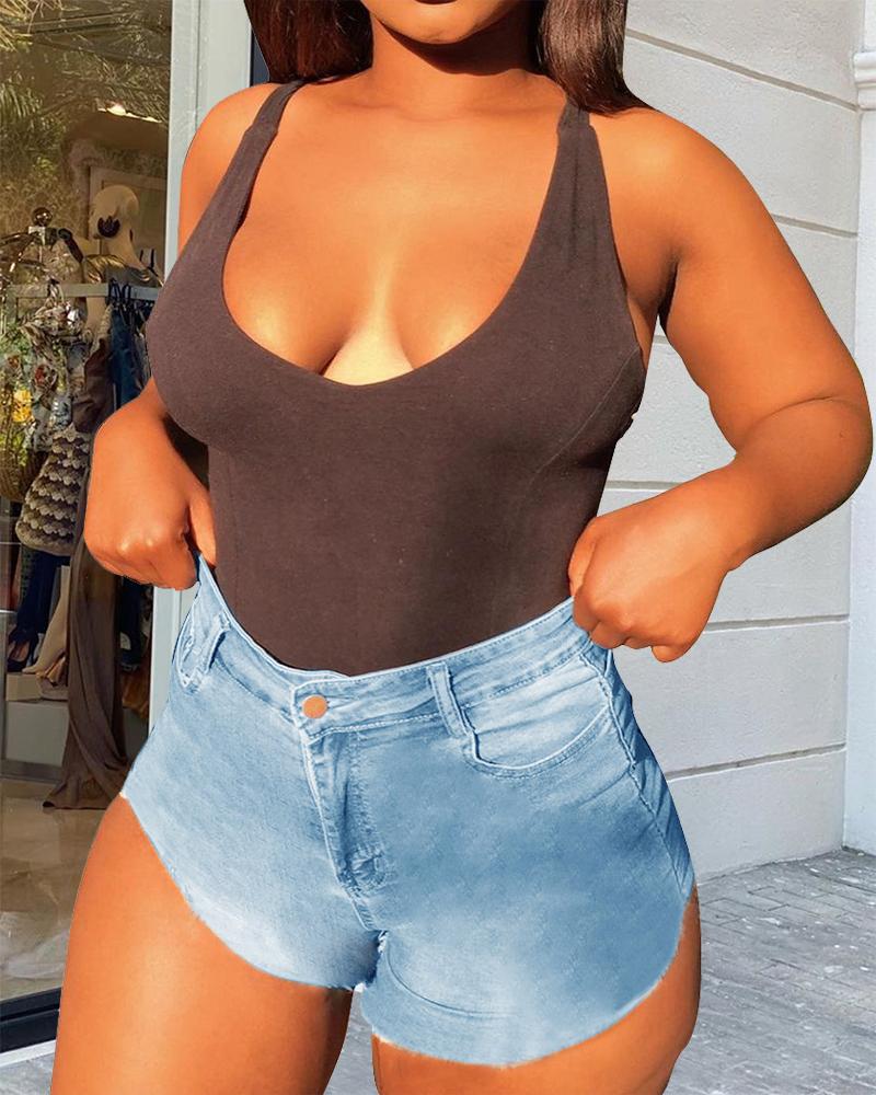 

High Waist Single Button Denim Shorts, Light blue