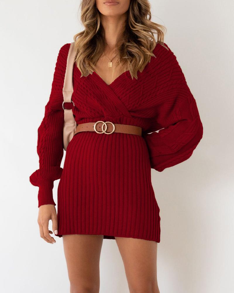 

Surplice Neck Cable Knit Sweater Dress, Wine red