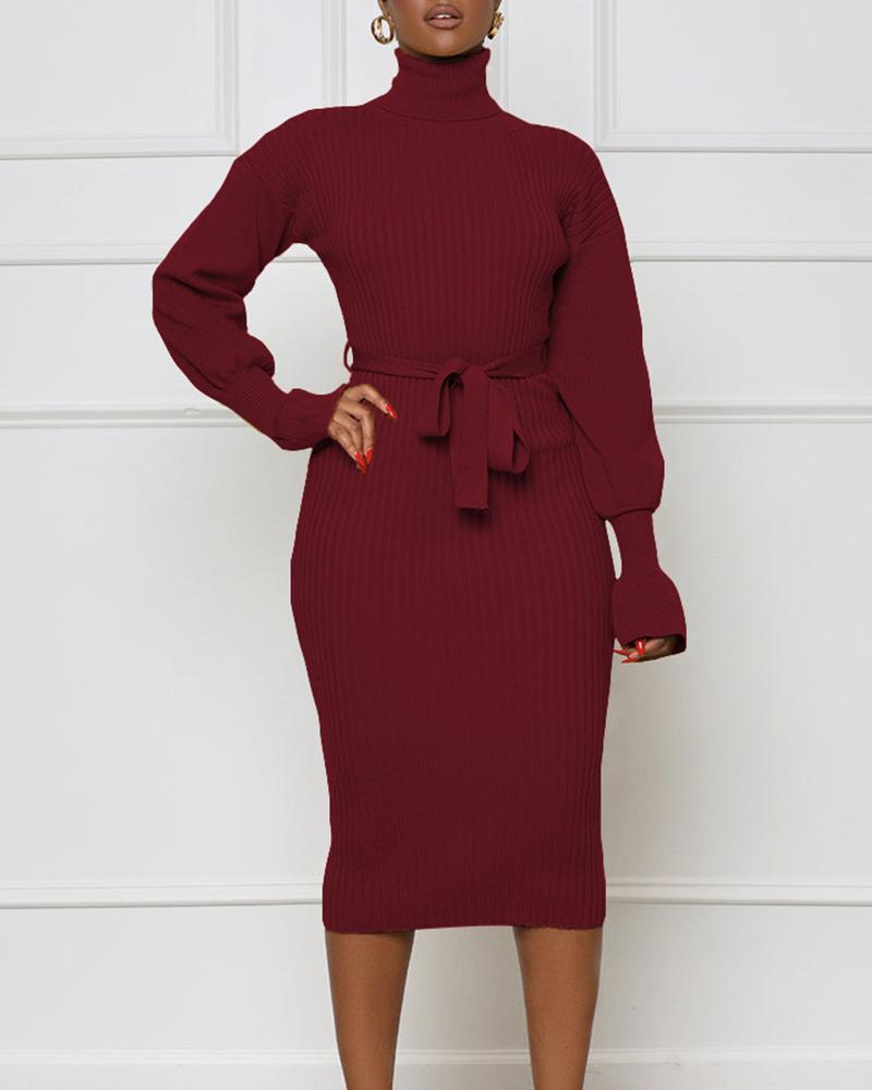 

High Neck Long Sleeve Knit Bodycon Dress, Wine red