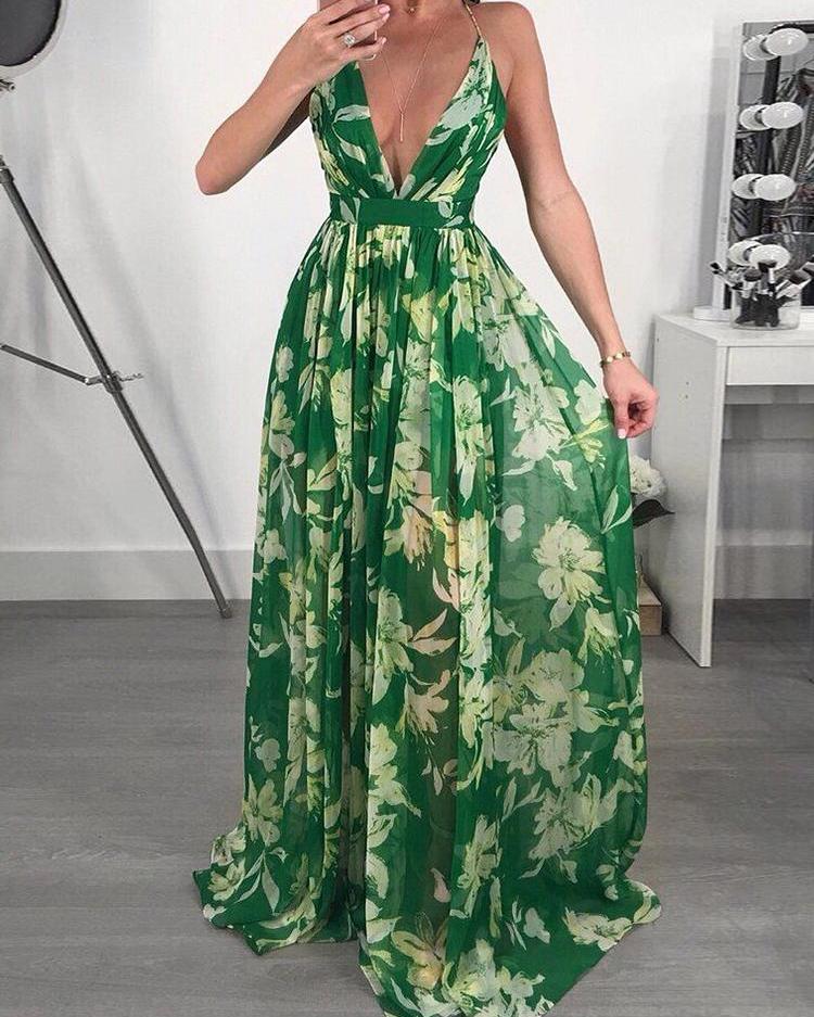 

Floral Print Pleated Backless Slip Maxi Dress, Green