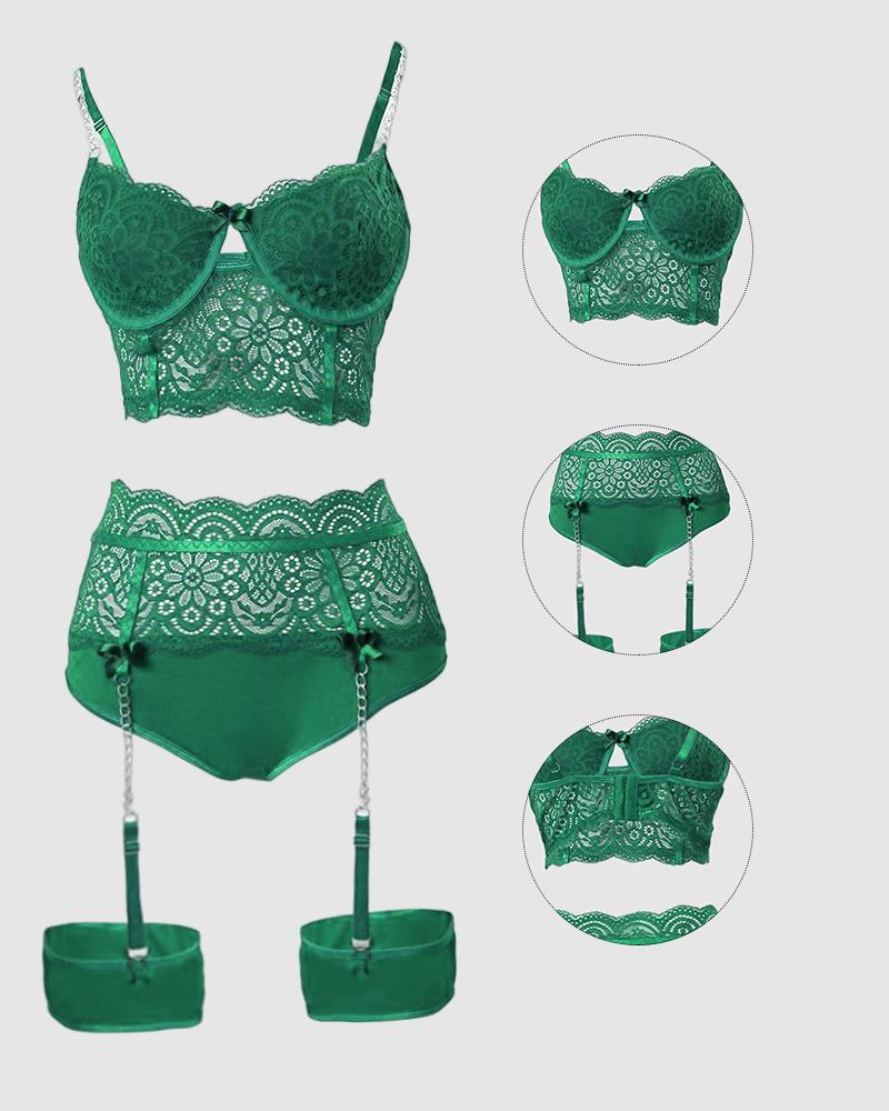 

Bow Chain Decor Lace Garter Lingerie Set, Green