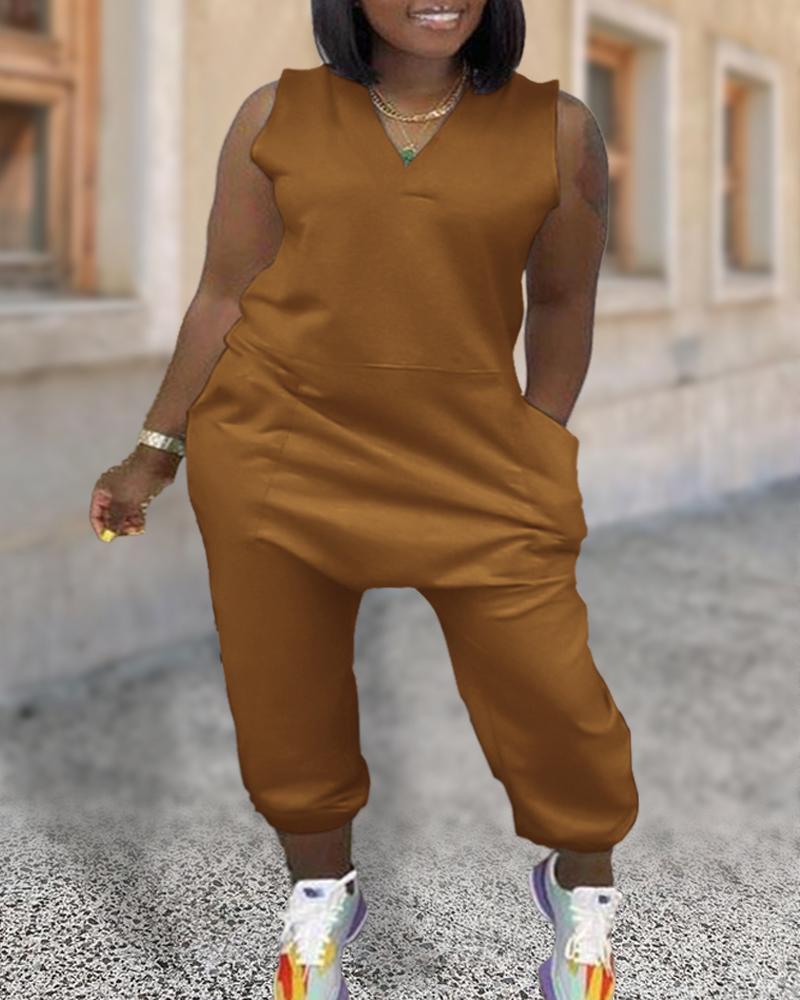 

Plus Size V-Neck Pocket Design Sleeveless Jumpsuit, Coffee