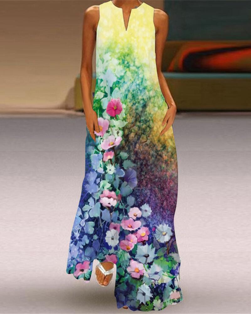 

Floral Print Sleeveless Maxi Dress, Green