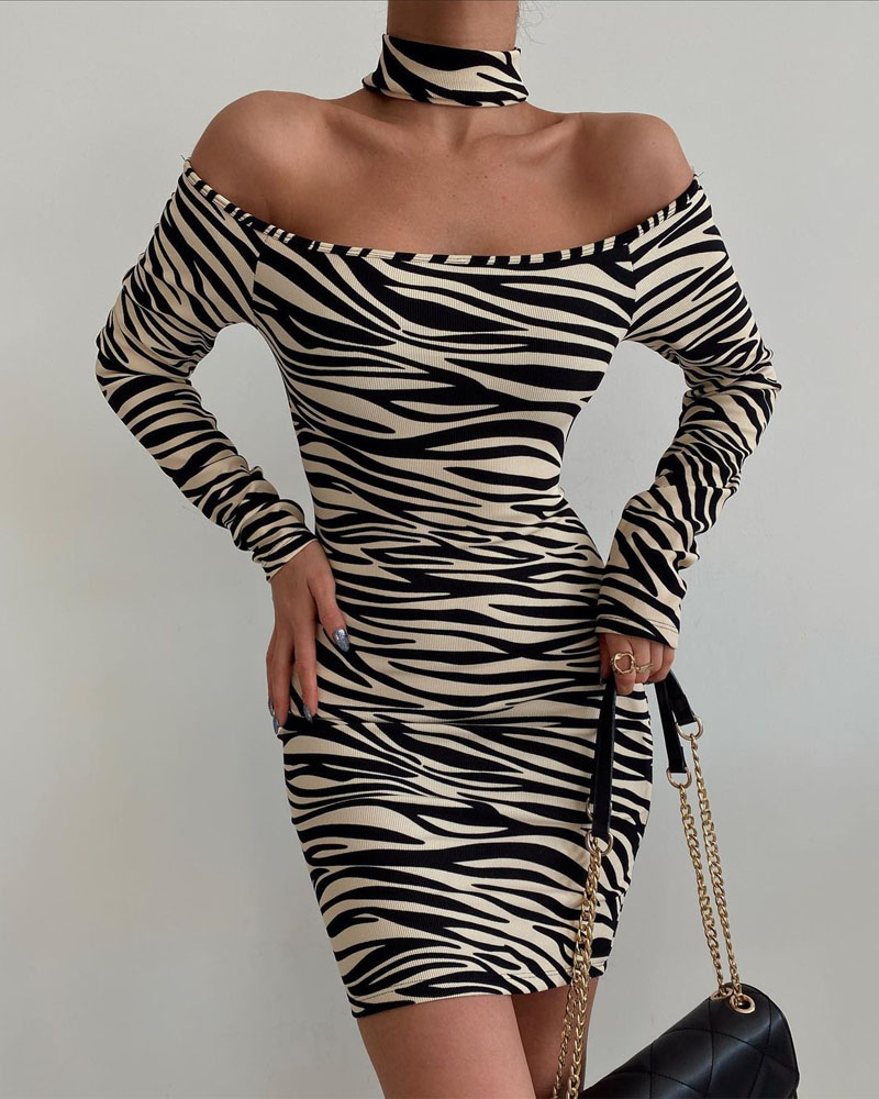 

Zebra Stripe Print Off Shoulder Bodycon Dress, Black