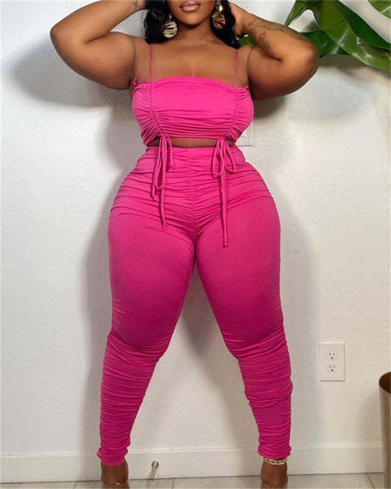 

Drawstring Ruched Crop Cami Top & Pants Set, Pink
