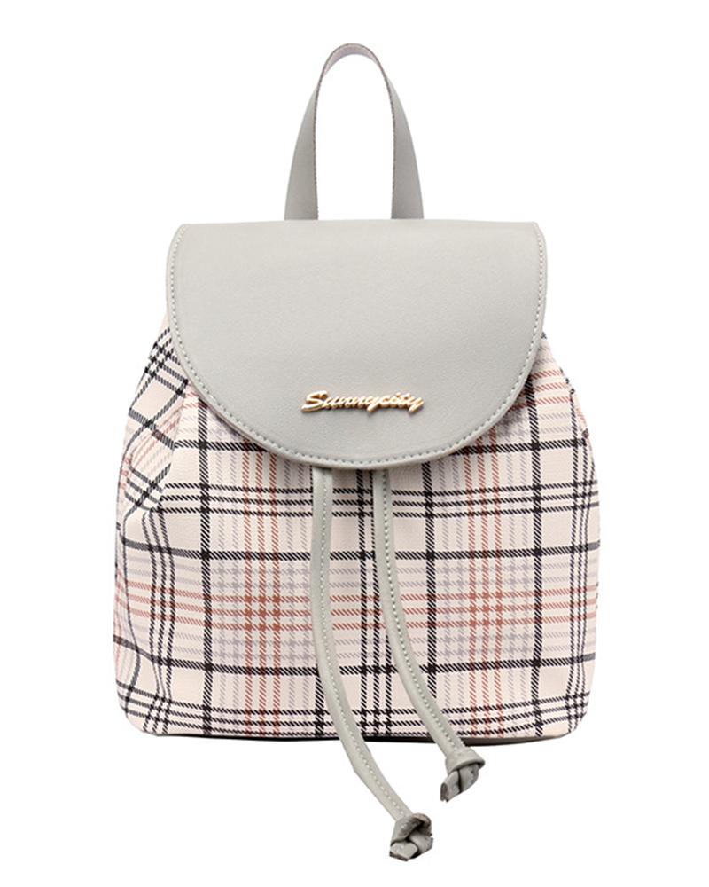 

Plaid Print Colorblock Backpack Trendy School Bag, Light gray