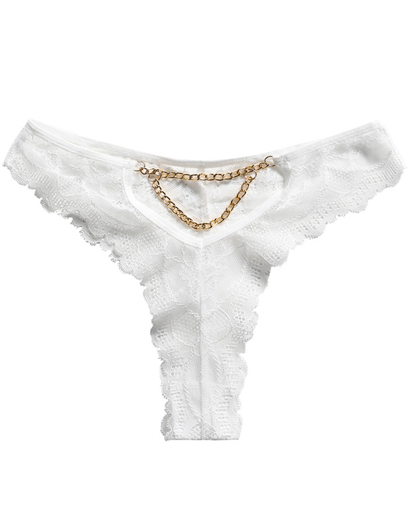 

Chain Decor Crochet Lace Thong Panty, White