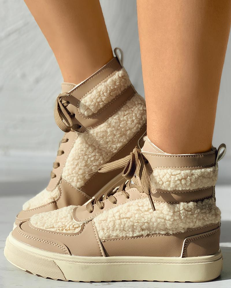 

Fluffy Lace-up Contrast Paneled Casual Sneaker, Khaki