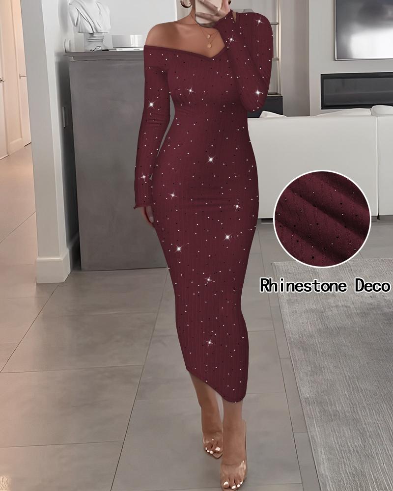 

V-Neck Long Sleeve Rhinestone Decor Ribbed Bodycon Dress, Wine red