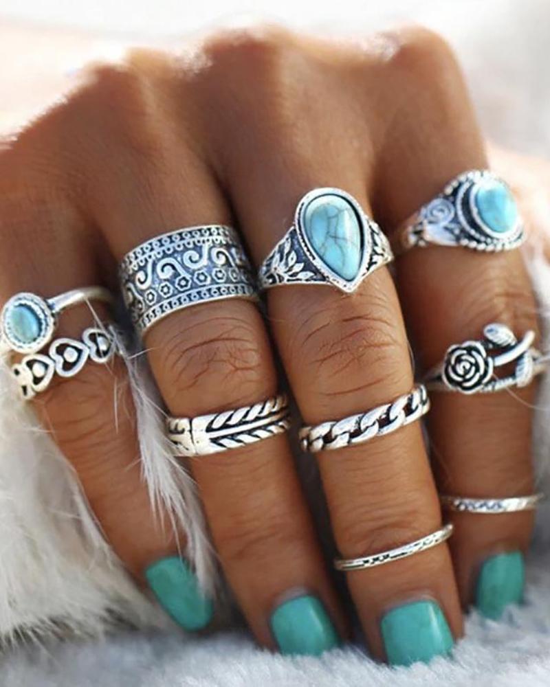 

10pcs Retro Calaite Gemstones Floral Rings Set, Silver