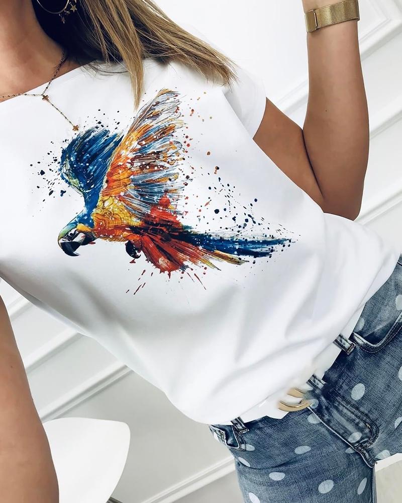 

Bird Print Short Sleeve Casual T-shirt, White