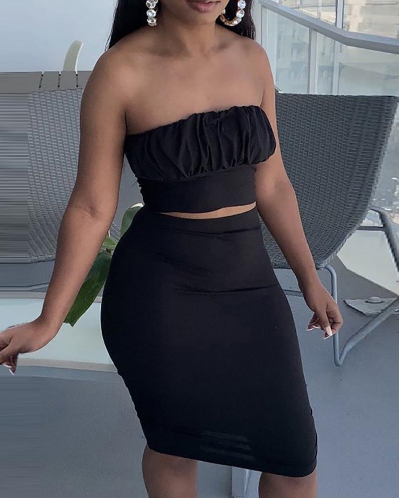 

Backless Ruched Tied Detail Bandeau Top & Skirt Set, Black