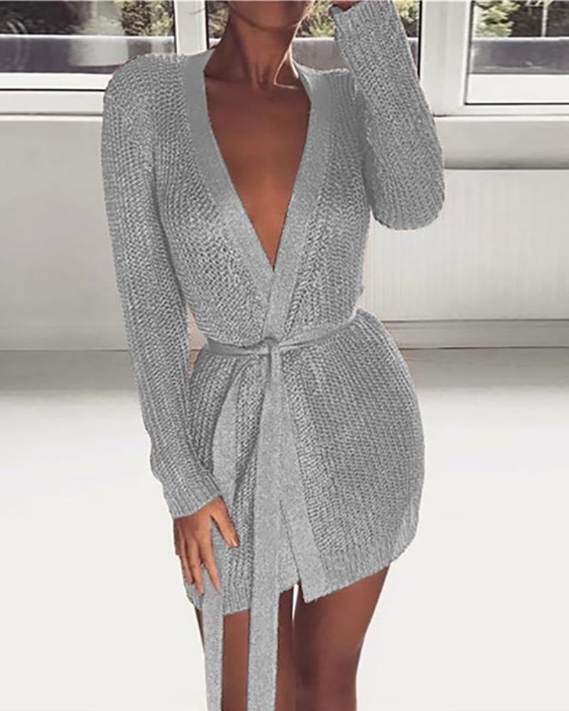 

Knit Long Sleeve Cardigan With Belt, Gray