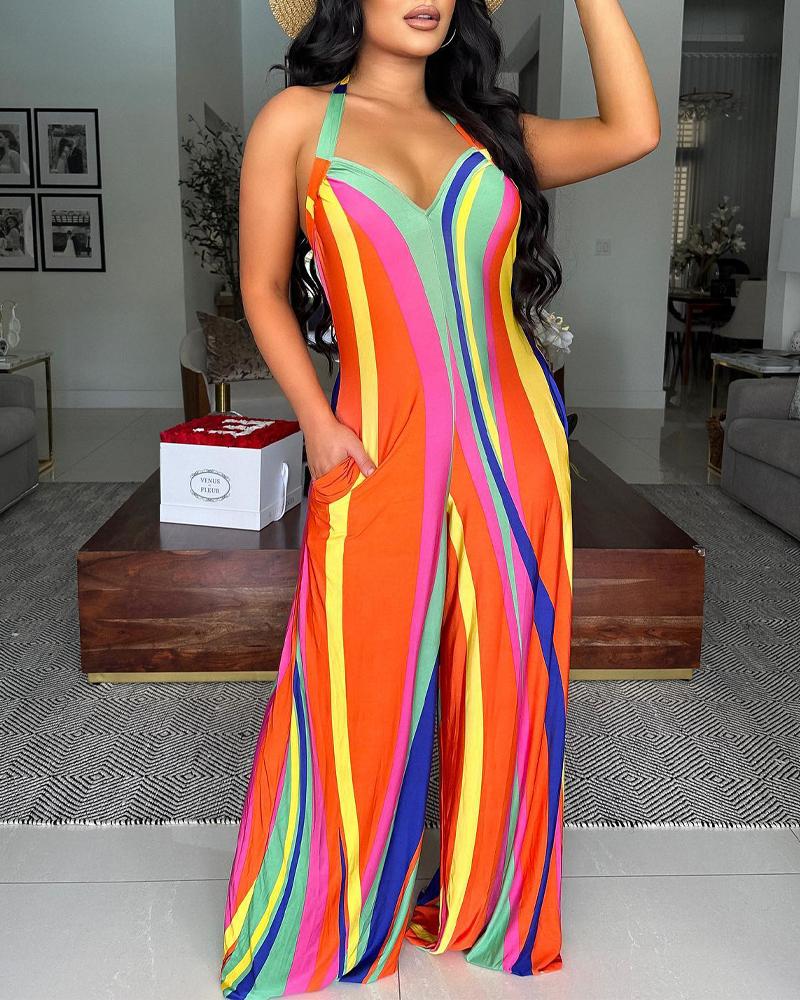 

Colorblock Halter Pocket Design Wide Leg Jumpsuit, Multicolor