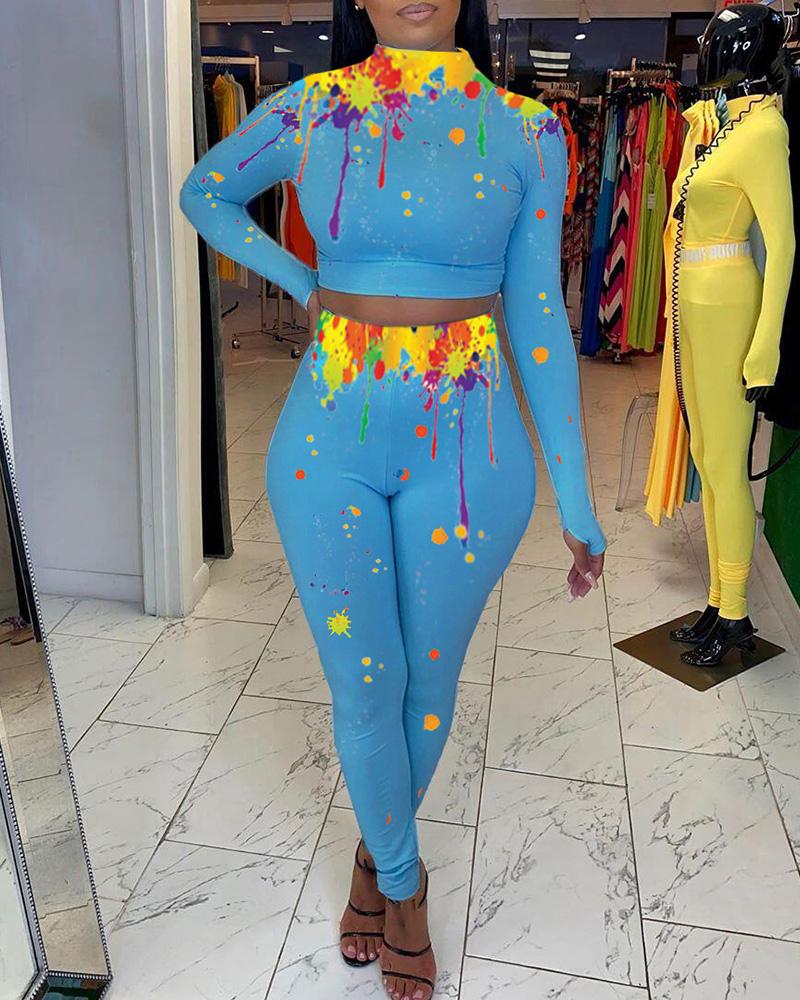 

Splash-ink Long Sleeve Crop Top & High Waist Pants Set, Blue