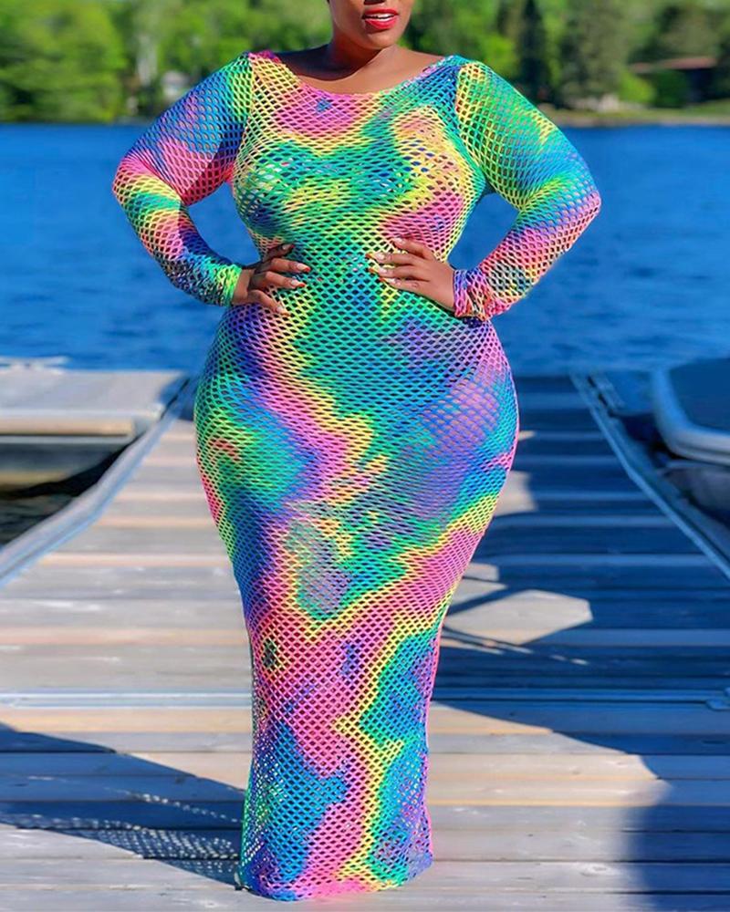 

Tie Dye Open Back Fishnet Maxi Dress, Green