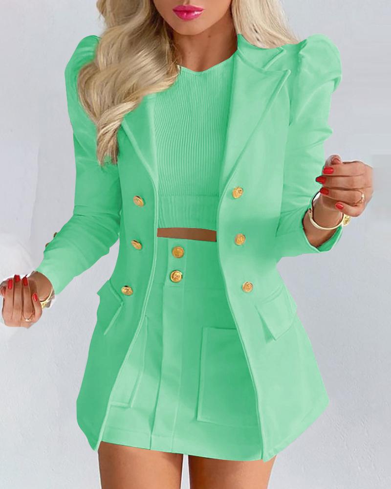 

Puff Sleeve Buttoned Blazer Coat & Pocket Design Skirt Set, Green