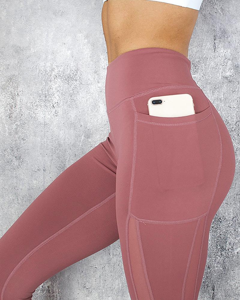 

Butt Lifting Sheer Mesh Pocket Design Tummy Control Active Pants, Pink