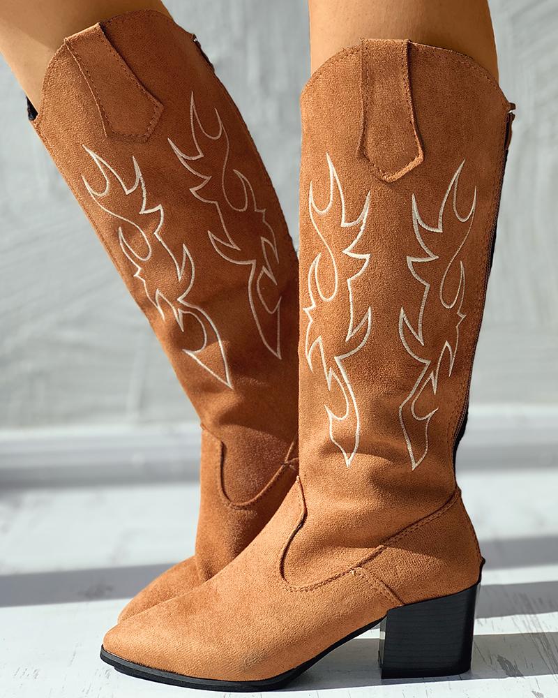 

Embroidery Zip Back Chunky Heeled Western Boots, Brown