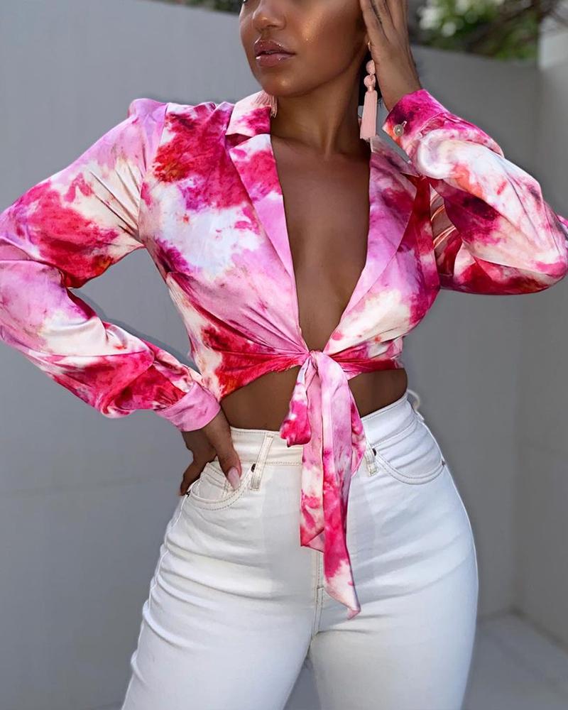 

Tie Dye Lapel Collar Long Sleeve Top, Hot pink