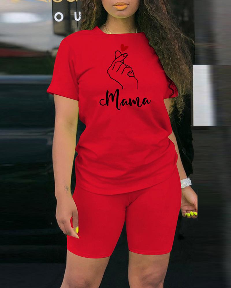 

Mother's Day Letter Heart Print Casual Top & Shorts Set, Red