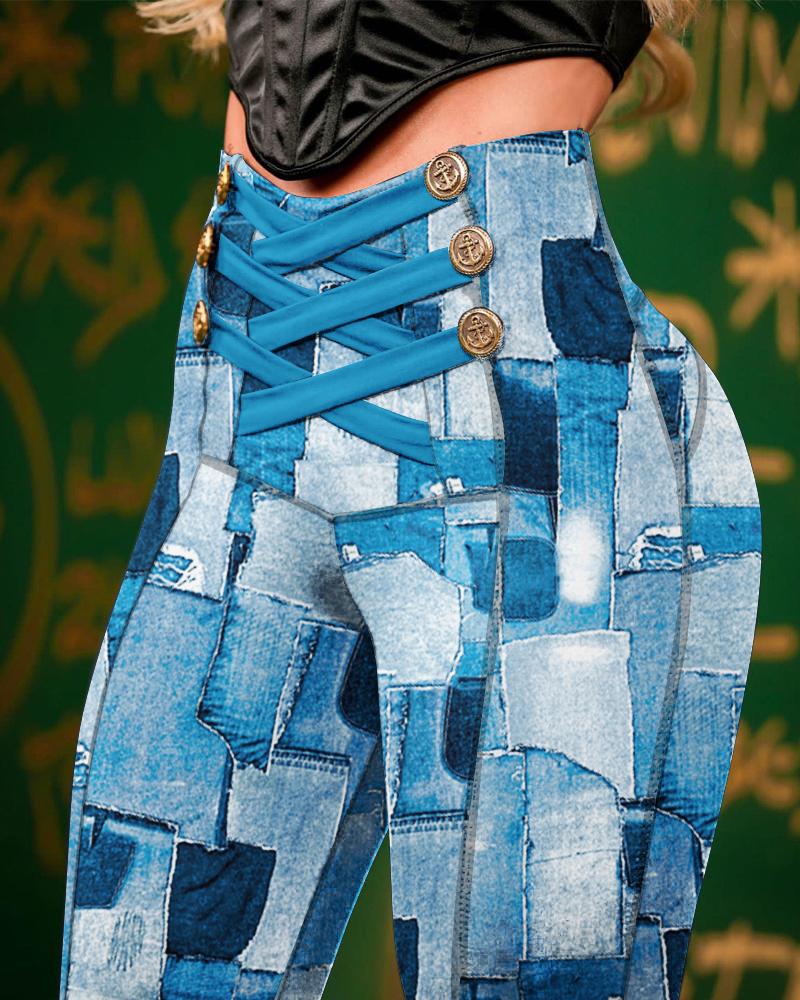 

Denim Look Print High Waist Butt Lift Skinny Pants, Blue