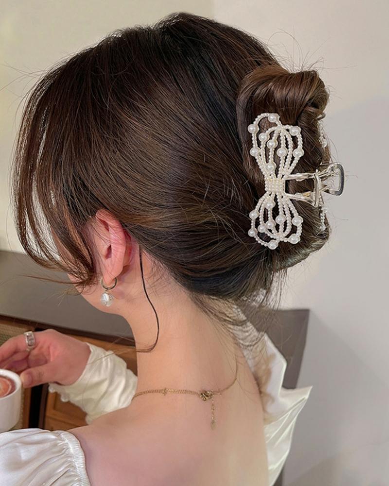 

1pc Rhinestone Pearls Bowknot Shaped Hair Claw, Style2