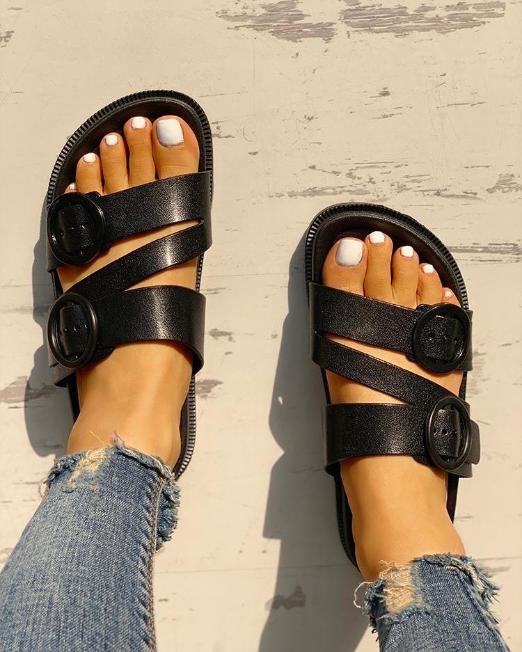 

Buckle Strappy Open Toe Flat Sandals, Black