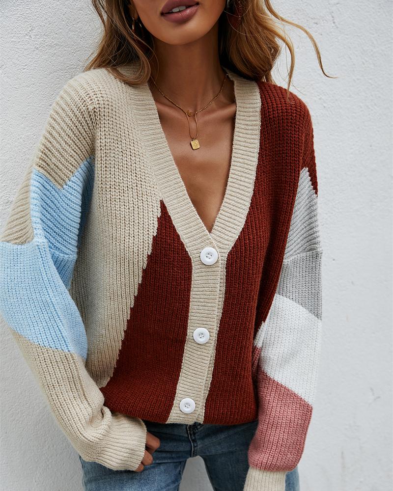 

Knit Button Front Colorblock Lantern Sleeve Cardigan, Apricot