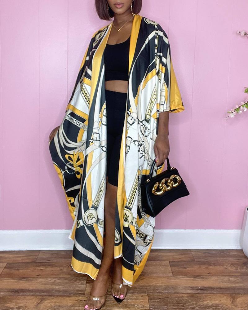 

Scarf Chain Print Open Front Longline Top, Multicolor