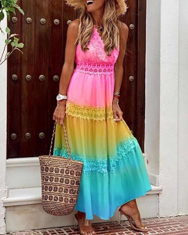 

Colorblock Sleeveless Ruched Crochet Lace Maxi Dress, Multicolor