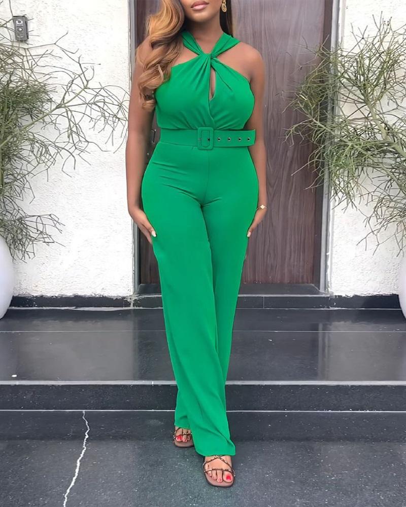 

Twisted Sleeveless Belted Straight Leg Jumpsuit, Green