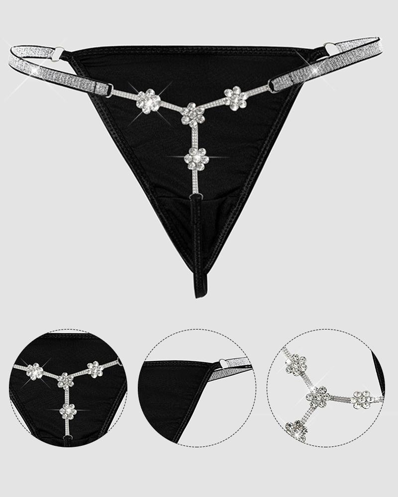 

Rhinestone Chain Decor Thong Panty, Black